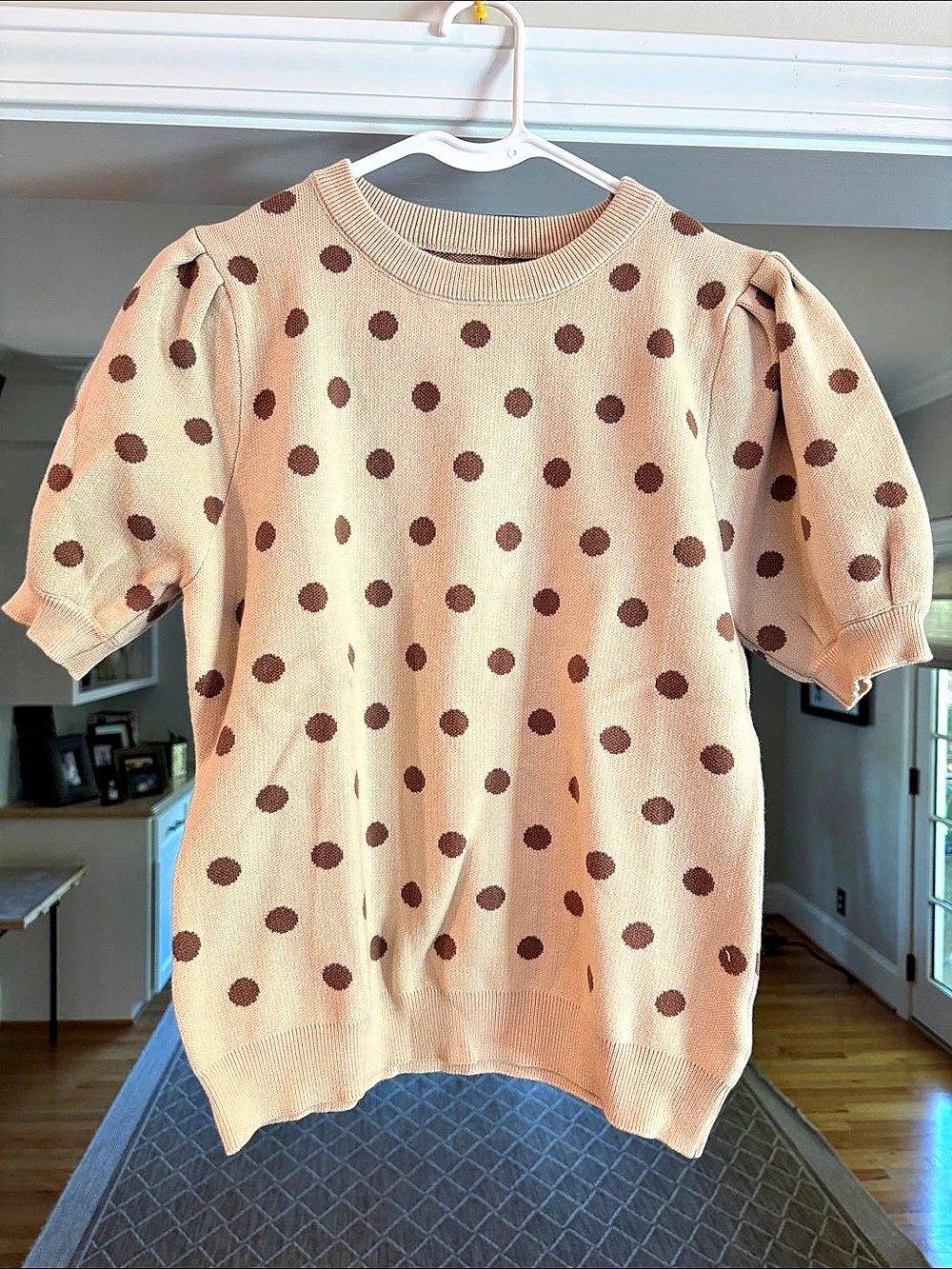 Polka Dot Puff Sleeve Sweater in Pink & Brown